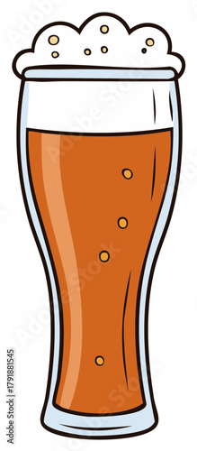 Simple cartoon illustration of a tall pilsner glass of beer with a frothy head