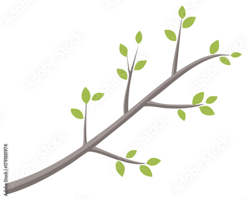 A simple flat design illustration of a budding tree branch with green leaves on a white background
