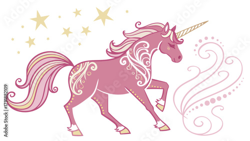 Pink unicorn illustration with stars and swirls, magical fantasy creature for kids and fairytale lovers