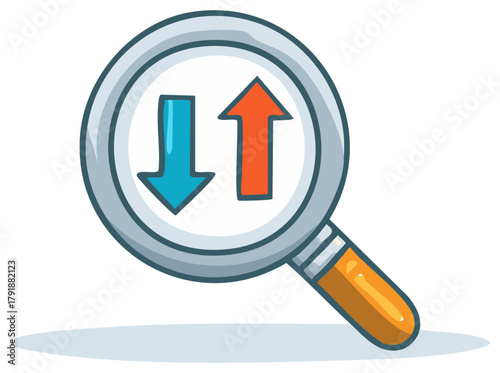 Magnifying glass analyzing up and down arrows representing data flow or market trends