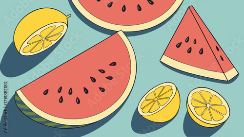 Watermelon lemon fruit slices summer food fresh healthy eating delicious sweet tasty juicy still life drawing