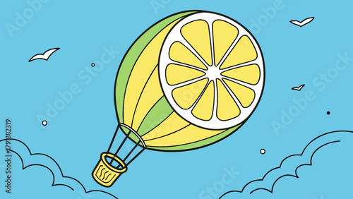 Lemon hot air balloon summer travel adventure vector illustration sky clouds birds graphic design for kids 100
