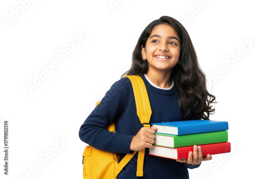 Young indian girl with a bright yellow backpack happily holding a stack of colorful books isolated on transparent background
