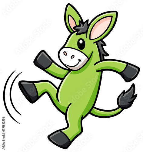 Cartoon illustration of a green donkey character kicking its feet and having a silly fun expression.