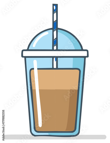 Cute hand drawn iced coffee in a clear plastic cup with a dome lid and blue striped straw