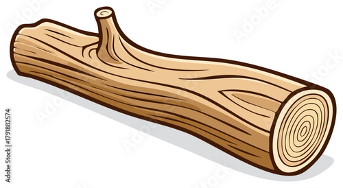 Cartoon Log Isolated, Detailed Wood Grain Pattern, Ringed End, Small Branch Stub