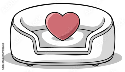 Cartoon pet bed with red heart shaped pillow, love, care, cozy, comfort, animal rest