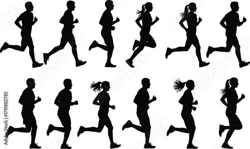 Running people silhouette set, male and female runners, motion pose vector, athletic movement icons, fitness illustration, sports biomechanics, black and white design