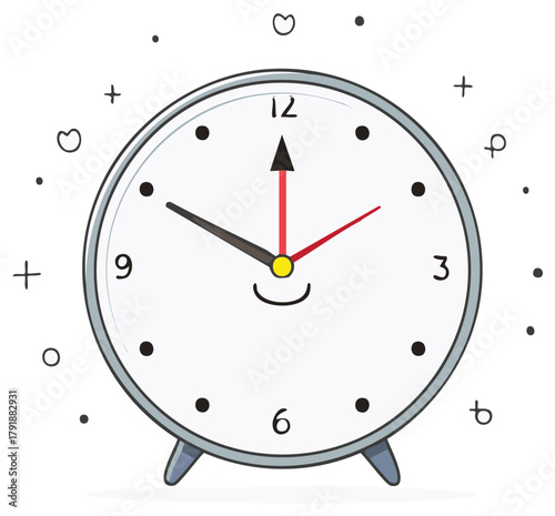 Cartoon clock face with happy smiling expression and doodle accents