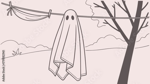 Halloween ghost outline vector spooky scene with tree and clothesline for coloring book or design needs