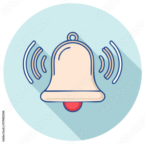 Ringing bell notification symbol with sound waves and long shadow