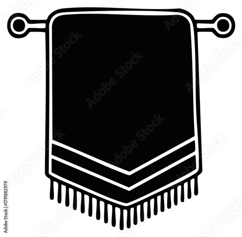 Black and white doodle icon of a bathroom towel with fringe and a chevron pattern on a holder.