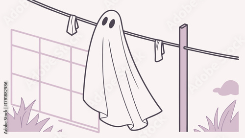 Cute halloween ghost on clothesline vector illustration for spooky season holiday decoration and design