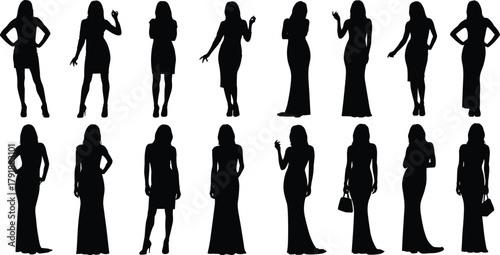 Sixteen elegant woman silhouettes set, various cocktail dress and evening gown poses, formal party fashion figures, essential resource for glamour, event, and luxury themes, isolated black vector.