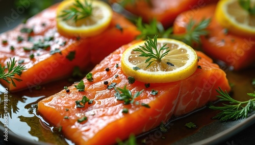 Raw salmon portions marinate with fresh herbs, lemon slices, black peppercorns for healthy meal. Bright orange fish fillets absorb savory liquid. Prepare delicious, gourmet seafood dinner. Omega 3