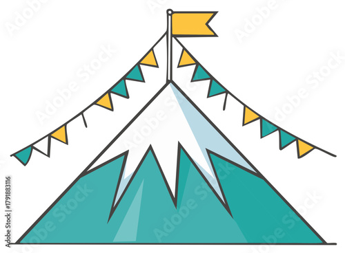 Cartoon mountain landscape with flag and decorative bunting elements vector illustration