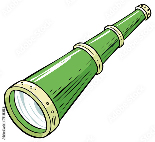 Cartoon style illustration of a green spyglass or telescope