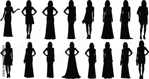 Sixteen elegant woman silhouettes set, various evening dress and party gown poses, formal fashion figures, essential resource for luxury, event, and celebrity themes, isolated black vector.