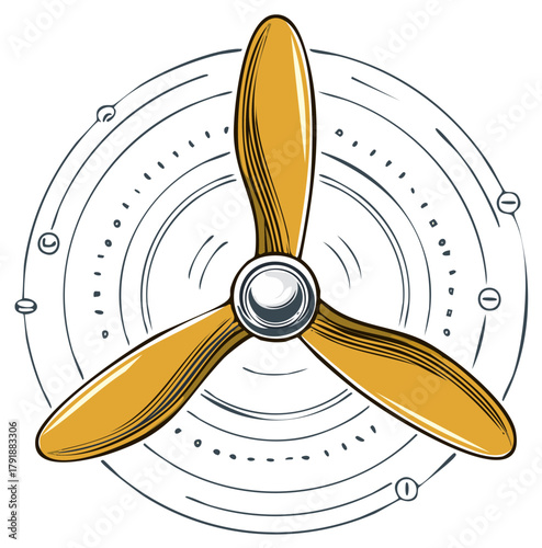 Vintage Golden Three Blade Propeller Illustration with Dynamic Circular Motion Lines