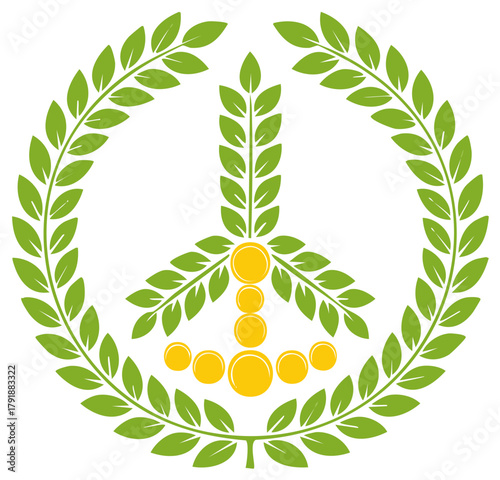 Peace symbol with olive leaves wreath illustration. Symbol of peace and green living.