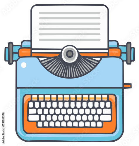 Classic Vintage Blue and Orange Typewriter with Blank Paper Sheet Vector Illustration