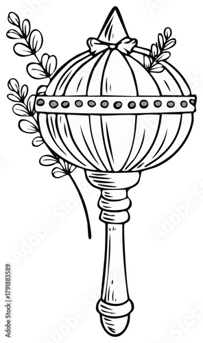 Hand drawn illustration of a Gada, the mythological mace of the Hindu deity Hanuman, decorated with leaves.