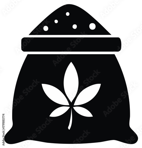 Black bag icon with cannabis leaf symbol containing agricultural or herbal product