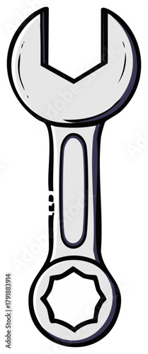 Cartoon illustration of a double ended wrench tool, one open end and one boxed, in silver and black outline