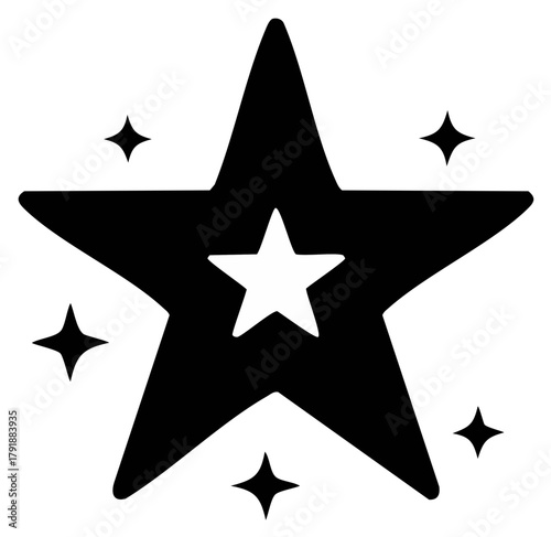 Shining black star icon with a white inner star and four small sparkles representing success favorite or quality rating