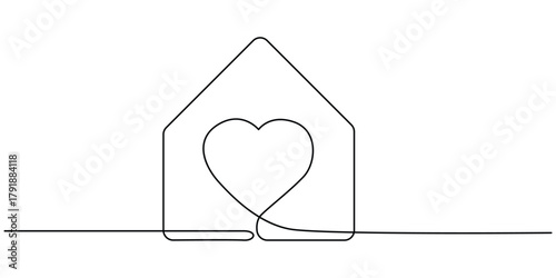 Heart inside house continuous one line drawn illustration vector.