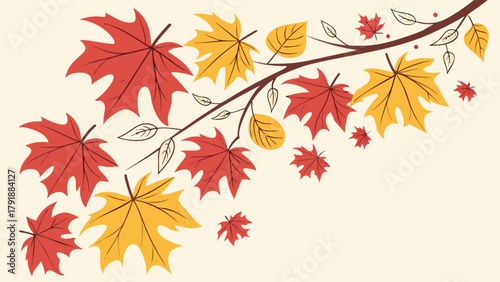 Autumn leaves vector illustration for fall season design with red and yellow leaves on a branch drawing art