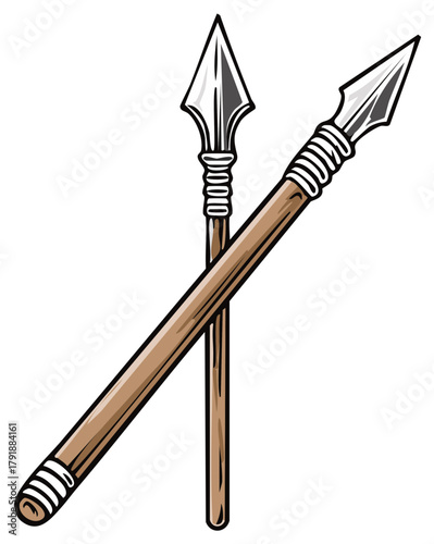 Crossed ancient tribal spears with sharp metal tips and wooden shafts cartoon vector illustration