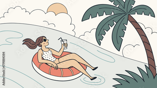 Woman relaxing on inflatable ring with drink in summer vacation at tropical beach scene illustration