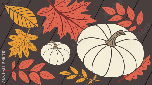Autumn harvest season white pumpkins and fall leaves on wood background vector illustration design