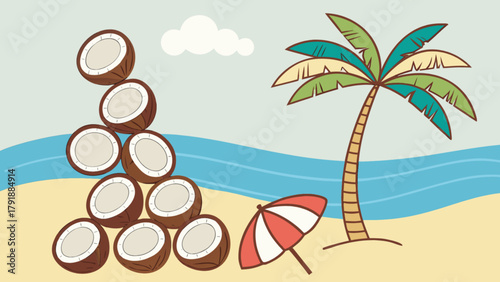 Cartoon beach scene with palm tree coconuts and umbrella summer vacation travel destination vector illustration