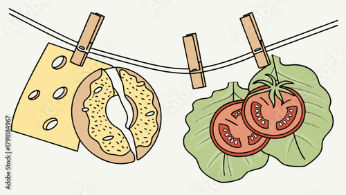 Delicious bagel cheese and tomato slices hanging on a clothesline illustration, food photography, tasty snack