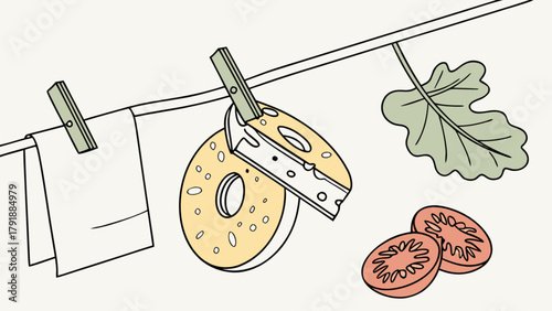Hanging food illustration: cheese, tomato, and leaf on a line with clip art for food blog 100 characters