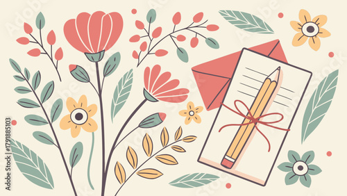 Floral stationery design with envelope and pencil for greetings cards and invitations template vector art