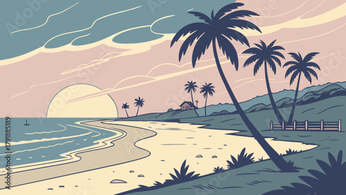 Beautiful tropical beach with palm trees sunset and ocean vector illustration for travel and vacation 100