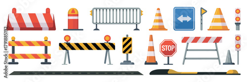 Traffic Road Repair Barriers Set – Safety Barricades, Construction Fences, Street Blockades, Warning Signs, and Work Zone Control Elements in Flat Vector Illustration