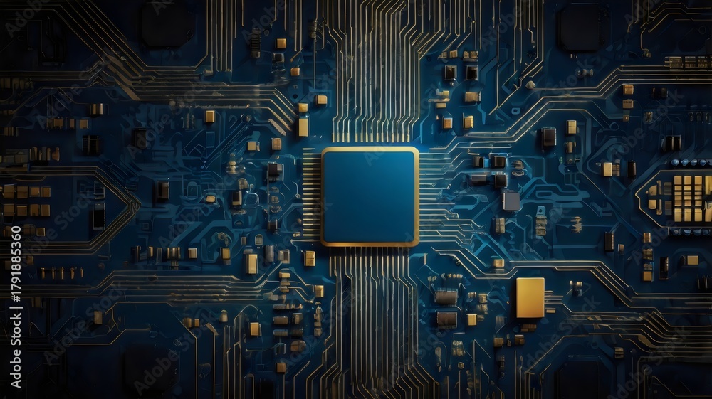 Fototapeta premium Circuit Blue Board Texture on Black Background – Futuristic Technology Design Representing Innovation, Connectivity, and Modern Digital Electronics Concept