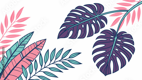 Tropical leaves vector design with monstera and palm for summer background and nature illustration art, 100 char