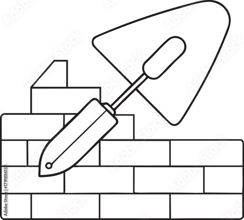 Brick wall with masonry trowel line art vector illustration symbolizing craftsmanship and construction repair