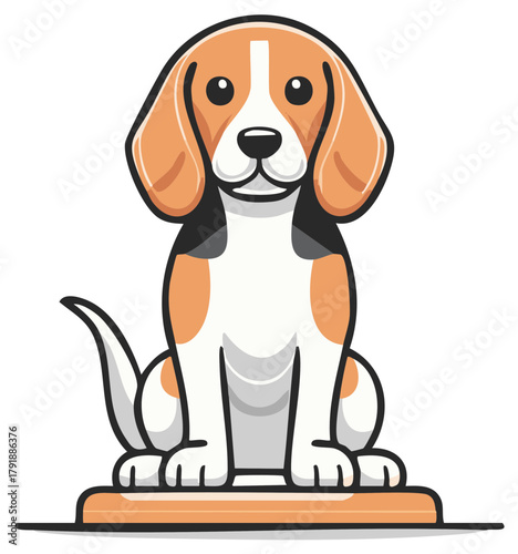 Cartoon beagle dog sitting patiently, white, brown and black colors, vector design style with outline, cute friendly puppy mascot