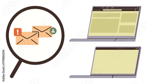 Magnifying glass highlighting email notifications with alerts and profile icon, alongside two laptops displaying webpage templates. Ideal for communication, email management, productivity, analysis
