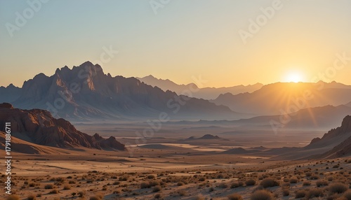 A panoramic desert mountain range at golden hour sunrise or sunset. Isolated on transparent background,