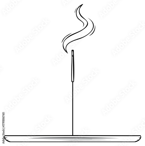 Incense Stick Burning with Rising Smoke on Holder, Line Art Illustration for Relaxation or Meditation
