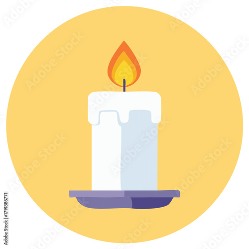 Simple illustration of a lit white candle with dripping wax on a saucer, set against a warm yellow circle background.