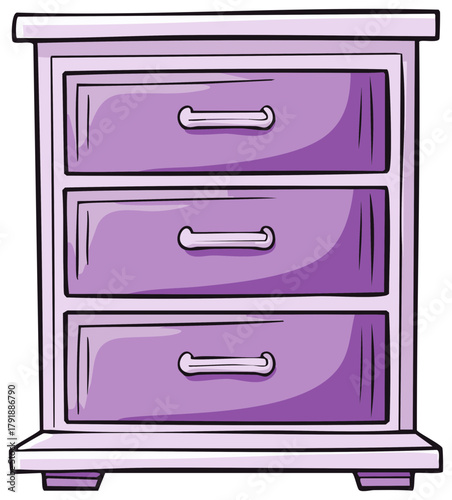 A charming cartoon illustration of a lavender purple chest of drawers