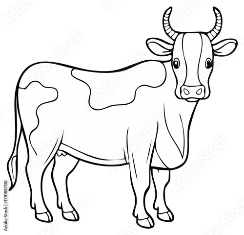 Friendly spotted cow with horns, black and white cartoon line art for a children's coloring book